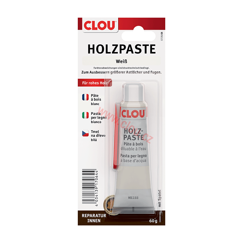 Tmel na dřevo CLOU Holzpaste vodou ředitelný tuba 60g, bílá